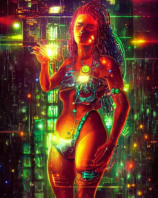 Prompt: a cyberpunk close up portrait of cyborg medusa, electricity, rainbow, snakes in hair, sparks, bokeh, soft focus, sparkling, glisten, water drops, cold, dark, geometric, temples behind her, by paul lehr, jesper ejsing