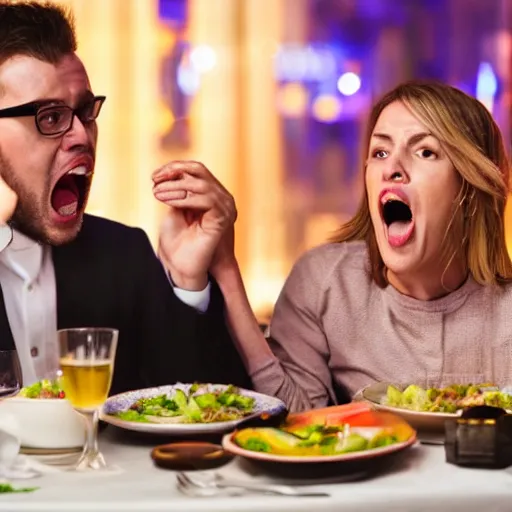 Image similar to wife and husband screaming at the restaurant for the awful dinner, 8K, Cinematic lights