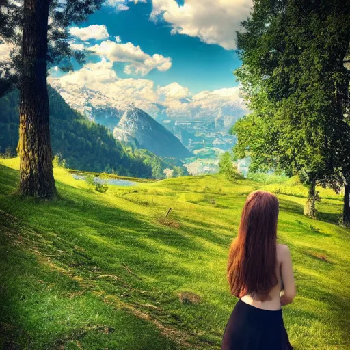 Image similar to a beautiful photograph of a girl with switzerland landscape in the background with trees, hdr, 8 k, high quality, sharp focus, artstation, highly detailed, award - winning, dramatic lighting, beautiful clouds, and nature