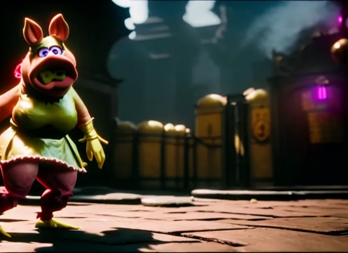 Image similar to miss piggy in mortal kombat 1 1, ps 5 cinematic screen capture, 4 k