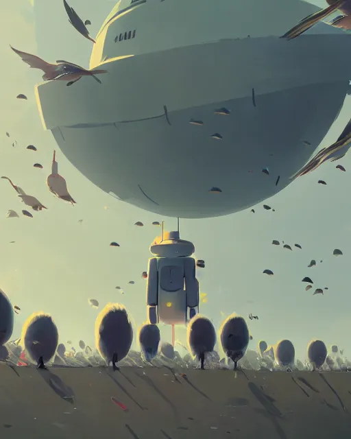 Image similar to a robot surrounded by a flock of birds, cory loftis, james gilleard, atey ghailan, makoto shinkai, goro fujita, character art, exquisite lighting, clear focus, very coherent, plain background, soft painting