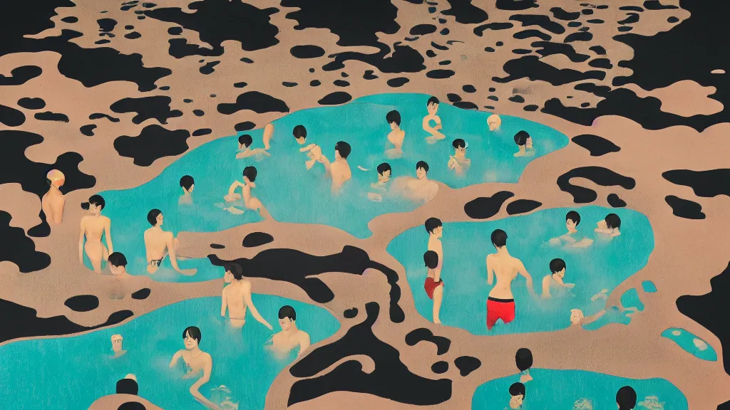 Prompt: japan natural hot spring, a collage painting, in the style of wes anderson, lola dupre, david hockney, isolated on negative space background dark monochrome neon spraypaint accents volumetric octane render