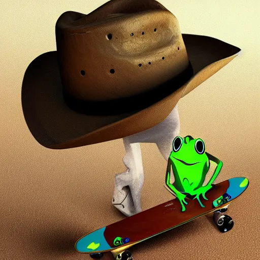 Image similar to a frog wearing a cowboy hat and riding a skateboard, award winning, trending on artstation, unreal engine