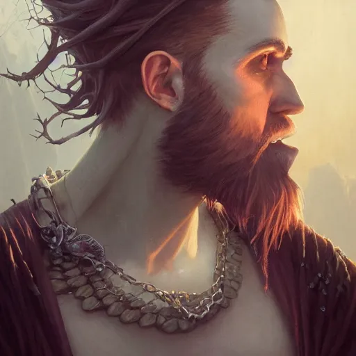 Image similar to highly detailed portrait from a gothic man with a mohawk and designer beard, stephen bliss, unreal engine, fantasy art by greg rutkowski, loish, rhads, ferdinand knab, makoto shinkai and lois van baarle, ilya kuvshinov, rossdraws, tom bagshaw, global illumination, radiant light, detailed and intricate environment