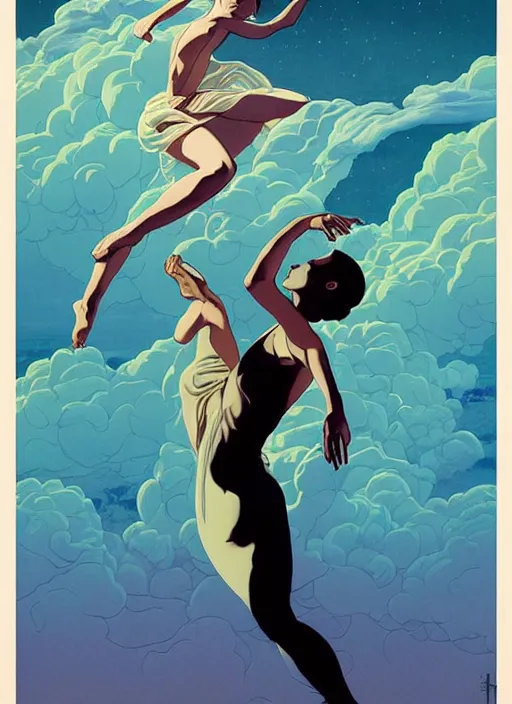 Image similar to poster artwork by michael whelan and tomer hanuka, a portrait of beautiful sensual dancing in the clouds of jupiter, clean