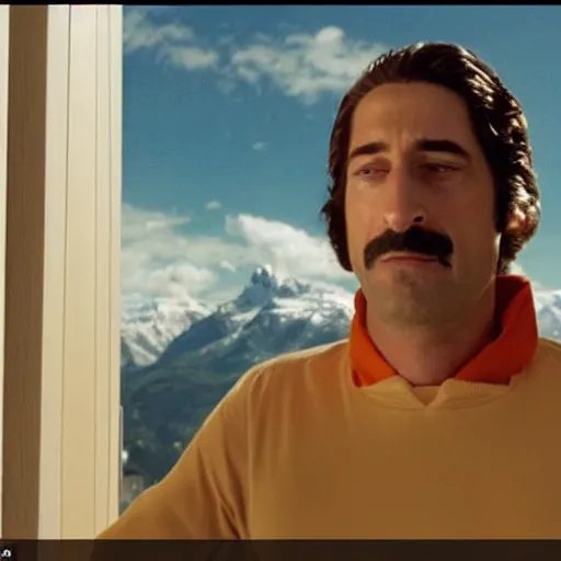 Image similar to Poetic sequence in Mr. Clean, a movie by Wes Anderson starring Adrian Brody. Adrian Brody tries to clean the windows of a large hotel in the Alps with mountain in the background. Splendid Wes Anderson colors, cinematic, very crisp