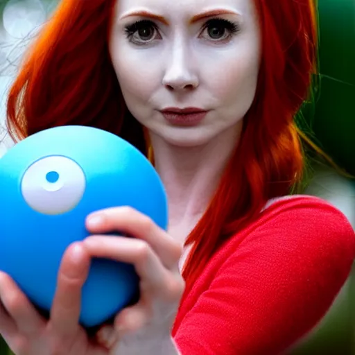 Image similar to Karen Gillan as Misty from Pokémon, Indigo League, outstretched arm holding a Poké Ball, close-up shot, photo realism, cinematic, realistic, 8K