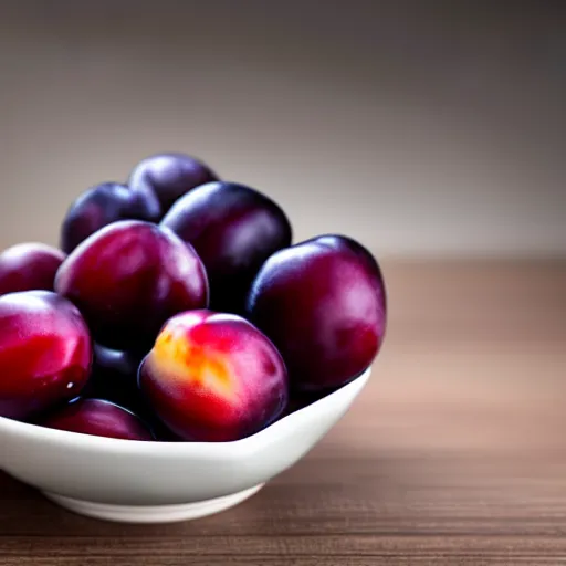 Image similar to photo of a thick porcelain bowl filled with few moist freshly picked plums on a wooden table. volumetric lighting. 4 k. small scale. realistic. top down.