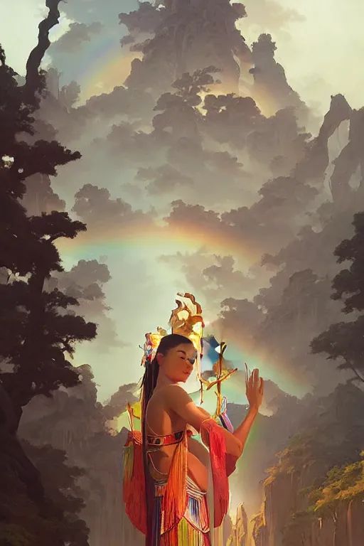 Image similar to temple, taoism, rainbow, painting by greg rutkowski, j. c. leyendecker, artgerm