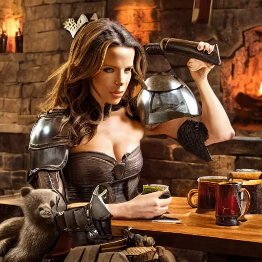 Prompt: kate beckinsale weared in full plate armor, sit in fantasy tavern near fireplace, behind bar deck with bear mugs, medieval dnd, by Frank Frazetta, 4k