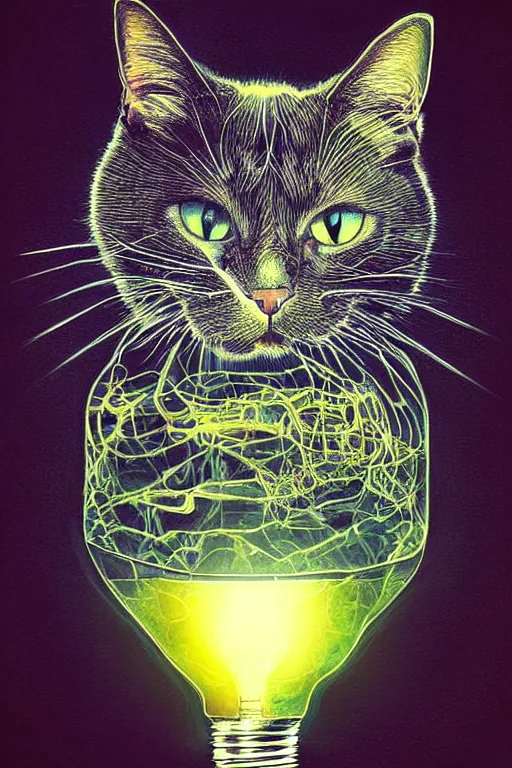 Image similar to portrait of a cat's head inside an upside down light bulb, modern fine art, intricate, elegant, subsurface scattering, highly detailed, pop art painting, organic acrylic flow art, psychedelic fractal art, acrylic art, watercolor, featured on deviantart, cgsociety