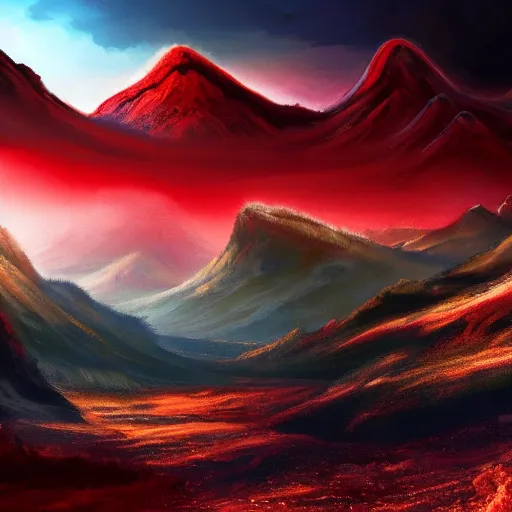 Image similar to The blood landscape with mountains in the background, Sci-Fi fantasy wallpaper, painted, 4k, high detail, sharp focus