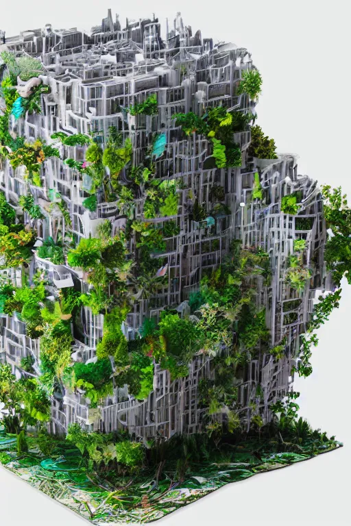 Image similar to 3 d printed physical model organic flowy including more than one city into one vertical building model that sits on a table in a room with a view back, multiple stories, transparent, with vegetation, colorful, eye - level view, 8 0 k, octane render, highly detailed 3 d render,