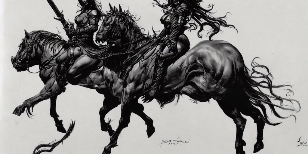 Prompt: female death dealer on a massive horse, full body, by frank frazetta