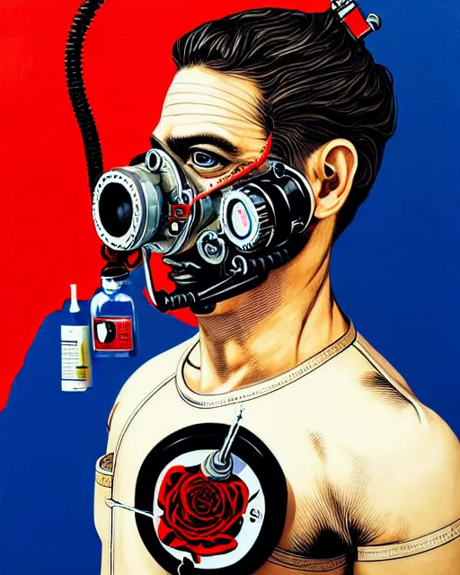 Prompt: portrait of an armoured diver man wearing oxygen mask, has blood, rose, a pistol and a syringe needle with sea background intricate details with horror side profile by Sandra Chevrier