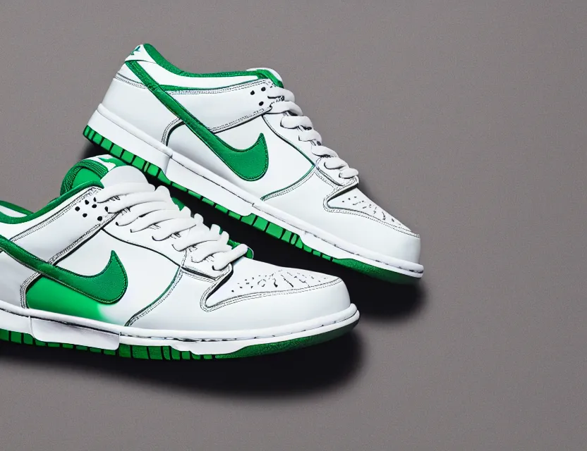 Image similar to a press photograph of nike dunk low pine green and white, size 1 0, white background