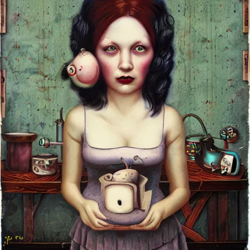 Prompt: the blacksmits’ daughter, working in the forge, lowbrow in the style of Mark Ryden,