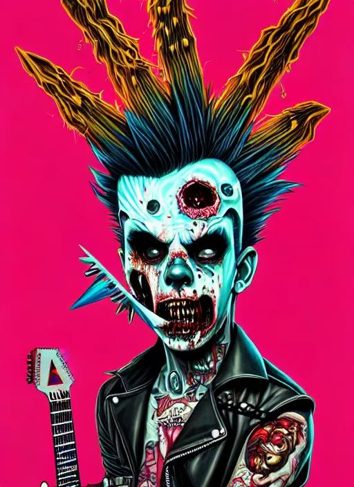 Image similar to a zombie punk rocker with a mohawk playing electric guitar, tristan eaton, victo ngai, artgerm, rhads, ross draws