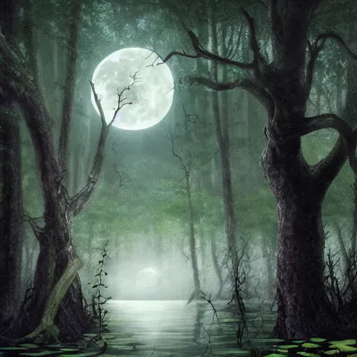 Image similar to highly realistic scenic painting of a towering misty dark fantasy forest surrounding a pond, a rusalka sits on the roots of an ancient tree looking up at the moon, spooky fog, looming trees, beautiful fantasy painting hd