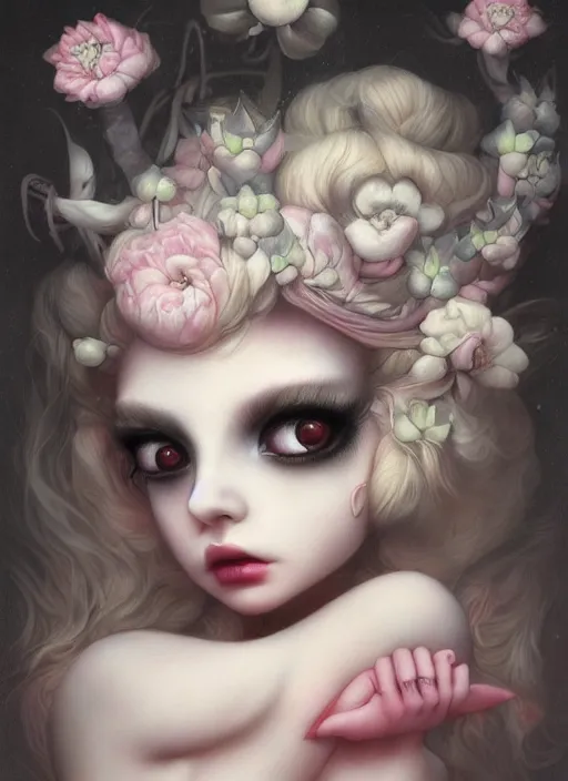 Image similar to pop surrealism, lowbrow art, realistic cute girl painting, japanese street fashion, hyper realism, muted colours, rococo, natalie shau, loreta lux, tom bagshaw, mark ryden, trevor brown style,