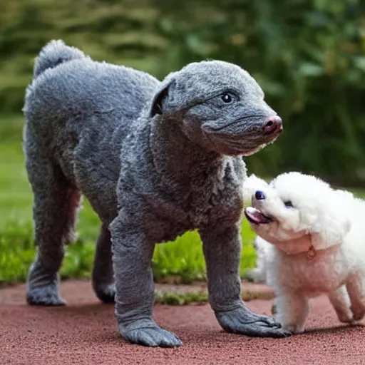 Image similar to bichon puppy playing with a baby platypus