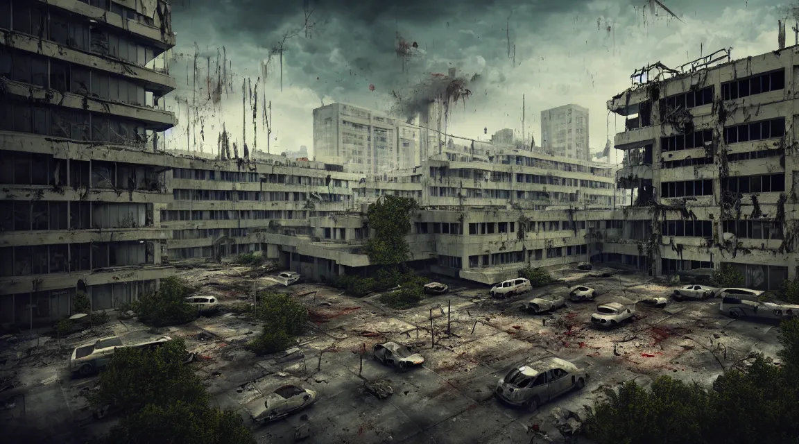 Prompt: post apocalyptic hospital building, people fighting, morning, building, avenue, modern contemporary urban americana concrete architecture, by pascal blanche, neil blevins, apocalyptic color palette, trending on artstation, photorealistic, wilderness ambiance, ultra detailed, high definition, depth of field, bokeh, rubble, wild vegetation, blood stains, building crumbling