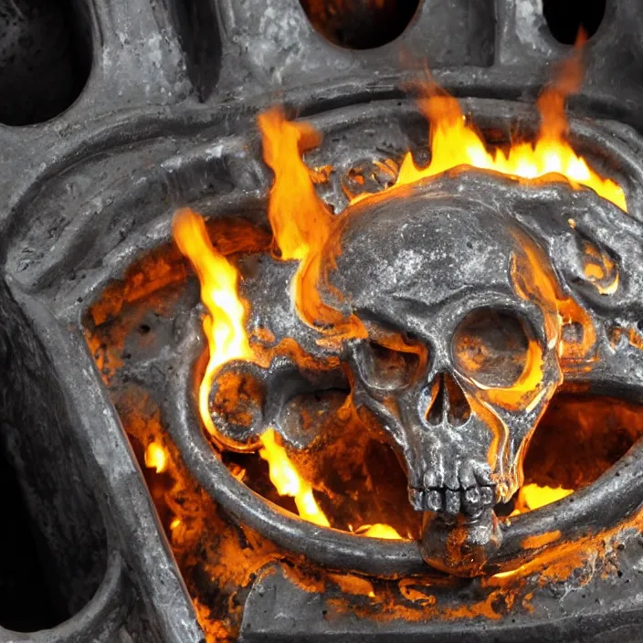 Prompt: wide angle shot of molten metal being poured into a mold in the shape of a punisher skull emblem. background is firey foundry. detailed, high art, intricate, artisan