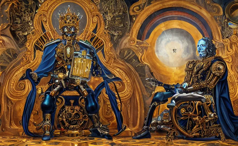 Prompt: beautifully painted mural of a mechanical cyborg king in ornate royal metallic fabric sitting in his royal throne room, piercing glowing eyes, sci fi scenery, fantasy setting, mural in the style of sandro botticelli, caravaggio, albrecth durer