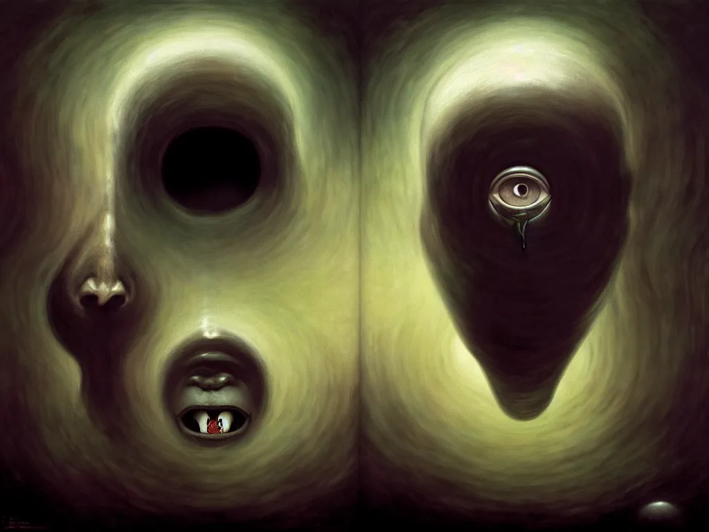 Image similar to a face split in two, one side furious and the other calm, one eye in the middle of the forehead with tears streaming down, large room with faceless beings watching, 4 k, art by jaroslaw jasnikowski