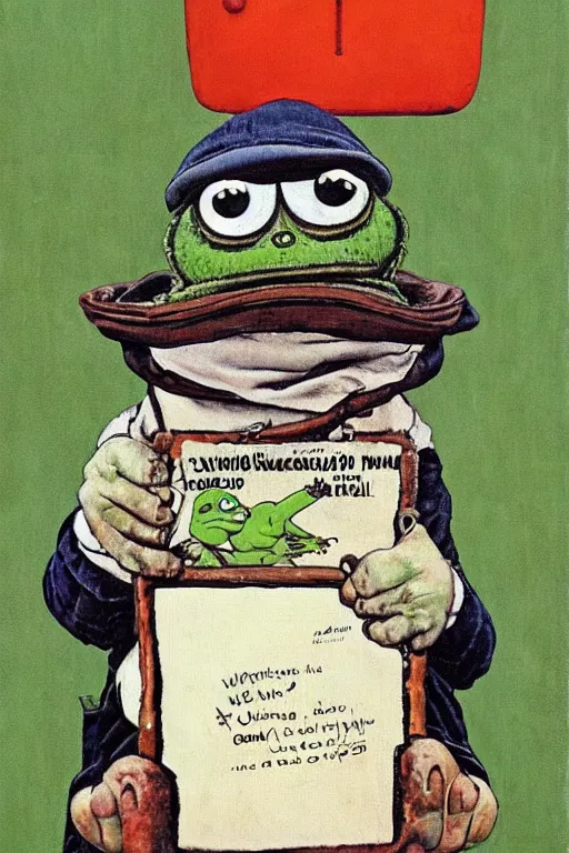 Image similar to pepe the frog on his way to school, painted by norman rockwell