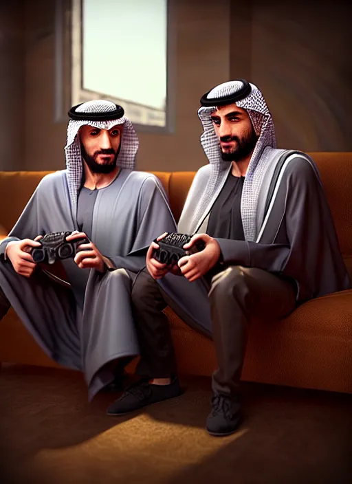 Image similar to portrait, twins playing video games, togther sheik mohammad ruler of dubai, controller, hyperdetailed illustration by irakli nadar and alexandre ferra, unreal engine 5 highly rendered, detailed and intricate environment