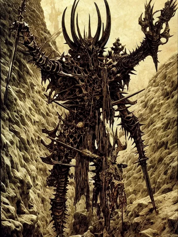 Prompt: A spiky horned skeleton with armored joints stands in a large cave with a huge weapon. Extremely high detail, realistic, fantasy art, solo, masterpiece, saturated colors, bones, skull, ripped flesh, art by Zdzisław Beksiński, Arthur Rackham, Dariusz Zawadzki
