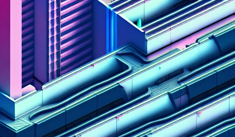 Image similar to a beautiful, sharp focus, and immaculate overcast futuristic isometric city. vaporwave ombre rendering. outrun style. trending on artstation. recommended for you behance. by chris moore. by edward hopper. beeple colors. ambient occlusion. digital matte painting. metropolis filmic. gotham city.