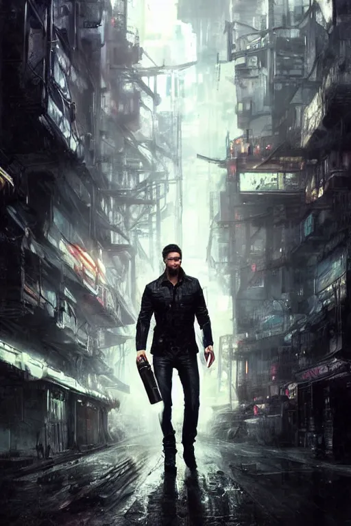 Prompt: a detailed full bodied matte portrait of an extremely handsome jensen ackles as time traveler walking down a dark alley of a futuristic dystopian cyberpunk city, holding a milkor mgl grenade launcher, aetherpunk, masterpiece, 8 k, art by greg rutkowski and albert bierstadt and arthur rackham and alphones mucha