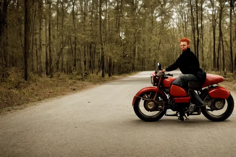 Image similar to portrait of redhead man on a motorcycle By Emmanuel Lubezki