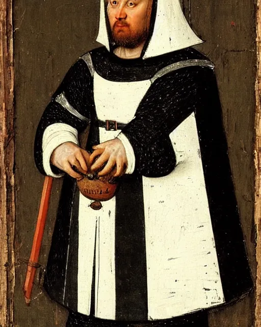 Image similar to medieval portrait of a black and white cat dressed as a knight, in the style of eugene de blaas