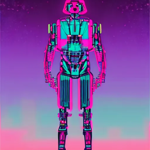 Image similar to cyborg half human, synthwave art