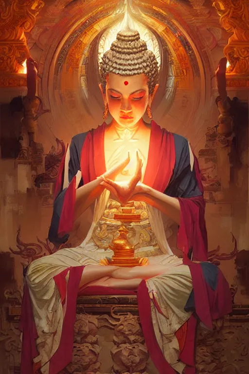 Image similar to temple, buddhism, painting by greg rutkowski, j. c. leyendecker, artgerm