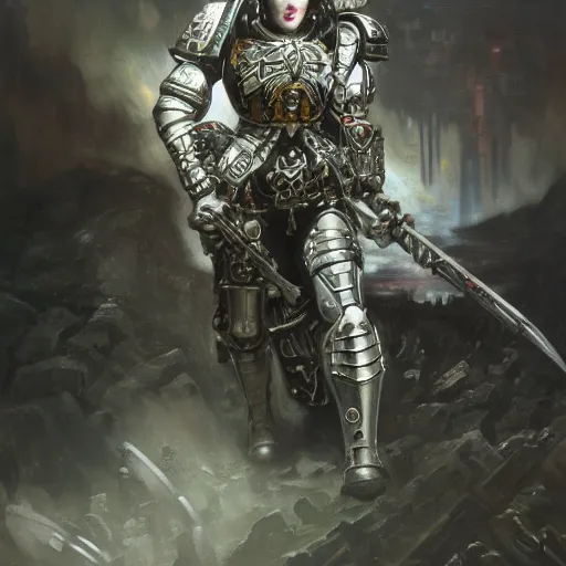 Prompt: a warhammer 40k sister of battle in black armor, with silver white bob haircut by Donato Giancola and Jon Foster, frank frazetta, alphonse mucha, background by James Jean and gustav klimt, 4k, volumetric lighting, french nouveau, trending on artstation, octane render, hyperrealistic