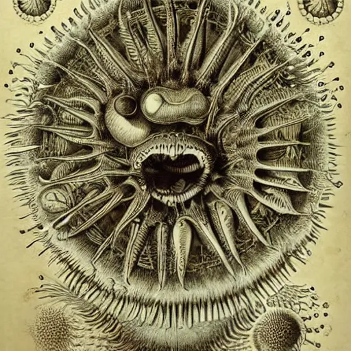 Prompt: bizarre bestiary of repressed unconscious emotional monsters and creatures, illustrated by Ernst Haeckel and Robert Fludd