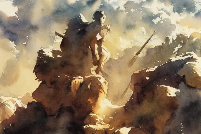 Prompt: small centered on watercolor paper, paint brush strokes, abstract watercolor painting of ancient civilization, foreign nature, mythology, cinematic light, american romanticism by hans dahl, by jesper ejsing, by anders zorn, by greg rutkowski, by greg manchess, by tyler edlin