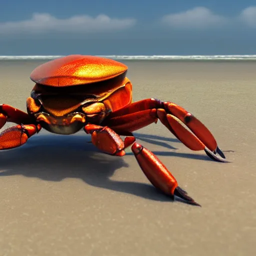 Prompt: A crab on a beach, Digital Art, Artstation, 3D, Raytracing, UHD, Ultra High Definition, 4K, Render, Cycles