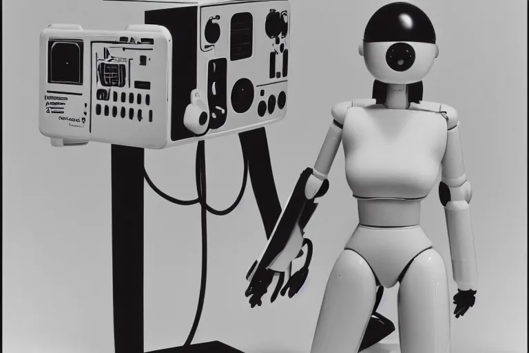 Image similar to The Nintendo Entertainment Robot Woman, product photgraphy, 1986