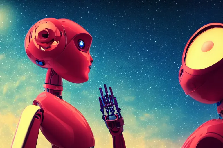 Image similar to a beautiful calm robot girl looking up to the stars, photograph, colorful background, render, 3 d, render, 8 k, 4 d,