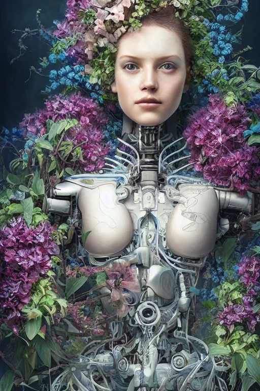 Image similar to a beautiful fine art portrait photo of a robot female cyborg, spread out curly hair covered by hibiscus, daffodils, hydrangea, montsera leaves by tom bagshaw and zach sutton, very detailed, bionic, cybernetic scifi, artstation, 8 k