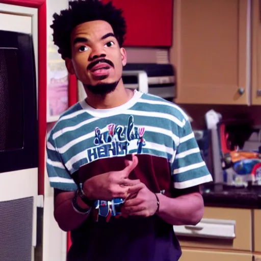 Image similar to a tv still of Chance The Rapper starring as a college student in a 1998 sitcom, 40mm lens