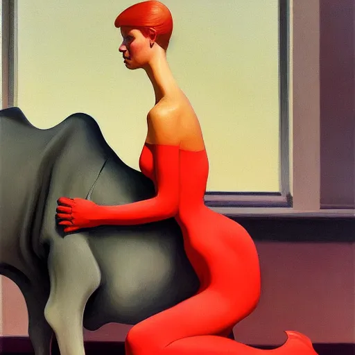 Image similar to A woman with tight dress riding a cow, very coherent, painted by Edward Hopper, Wayne Barlowe, painted by James Gilleard, airbrush, art by JamesJean