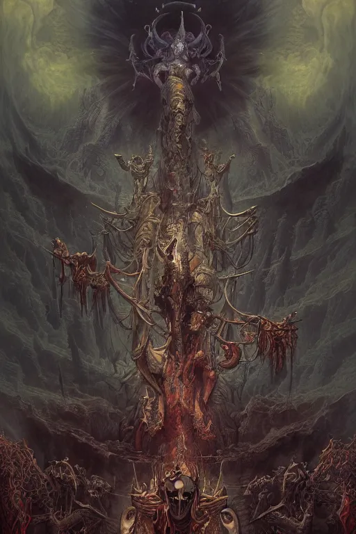 Image similar to evil gigantic demon skeleton lord of death, fantasy painting, ultra realistic, wide angle, art nouveau, intricate details, rainbowshift, vivid colors, highly detailed by peter mohrbacher, h. r. giger, maxfield parrish, gaston bussiere, gustave dore, craig mullins, octane render, cgi