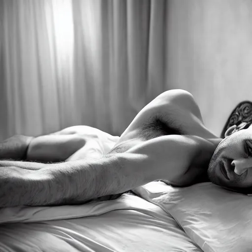 Image similar to benjamin netanyahu as a model lying seductively on bed, model photography, dynamic lighting, volumetric lighting, highly detailed, grayscale, professional