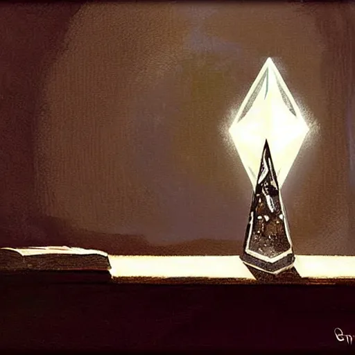 Prompt: magical crystal on a desk, painting, by greg rutkowski